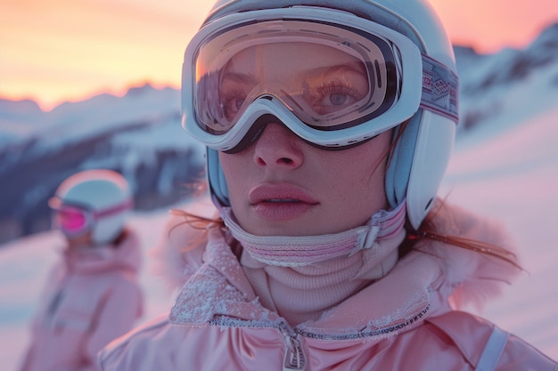 Женщина катается на сноуборде зимой с мечтательным пейзажем и пастельными оттенками