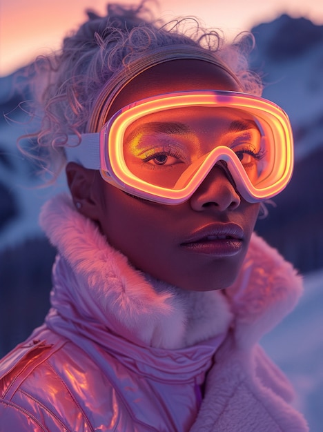 Woman snowboarding in wintertime with dreamy landscape and pastel shades