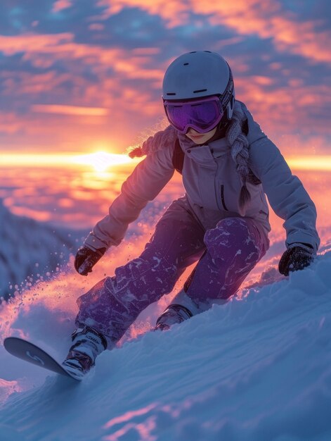 Woman snowboarding in wintertime with dreamy landscape and pastel shades