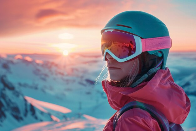 Woman snowboarding in wintertime with dreamy landscape and pastel shades