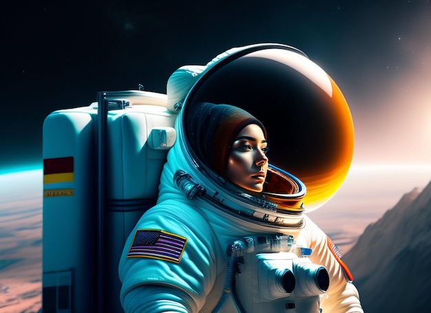 A woman in a space suit with a large glass dome on her head.