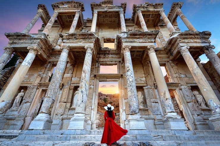 無料Photo トルコ、イズミルのエフェソス古代都市のケルスス図書館に立っている女性。
