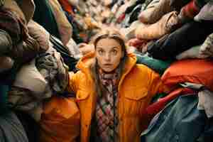 Free photo woman standing in middle of clothing pile