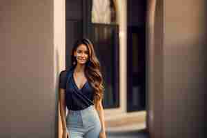 Free photo a woman stands in front of a building, wearing a blue top and a black top.