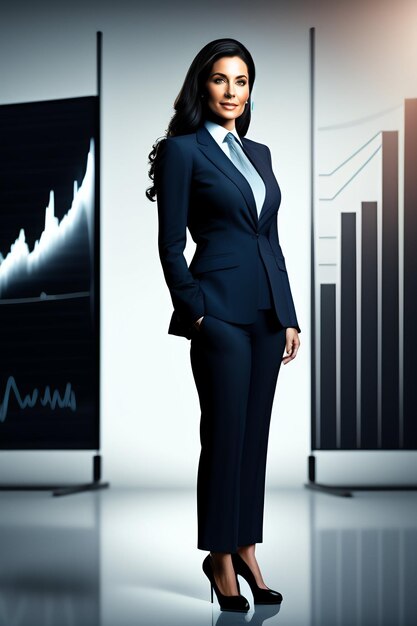 A woman stands in front of a chart showing a graph of a graph