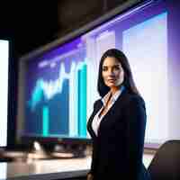 Free photo a woman stands in front of a display of graphs and charts.