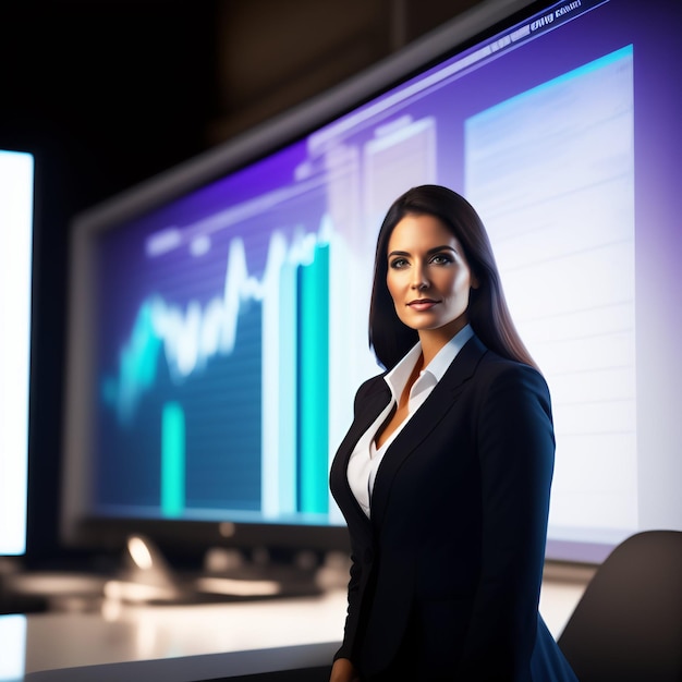 A woman stands in front of a display of graphs and charts.