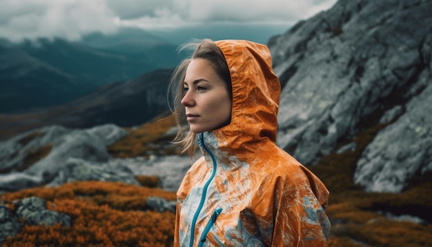 Free photo a woman stands in front of a mountain landscape