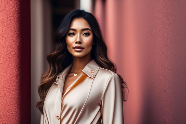 A woman stands in front of a pink wall with a gold necklace.