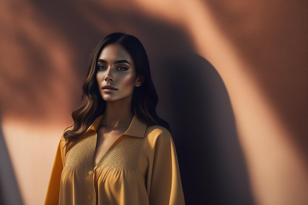 A woman stands in front of a wall that has a brown background and the word love on it.