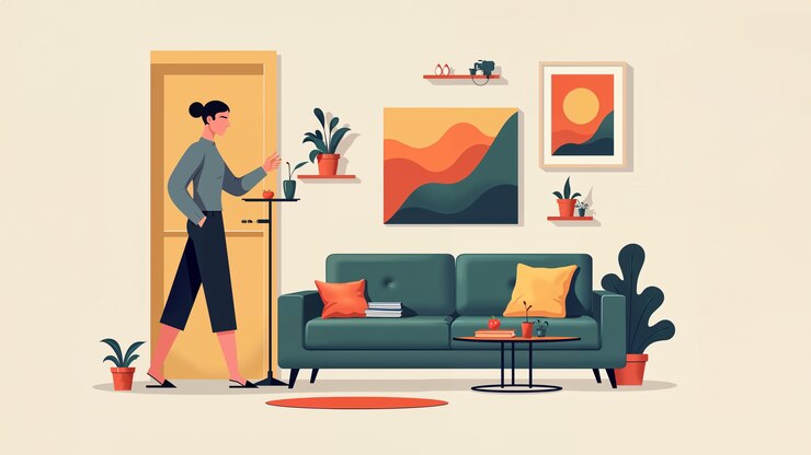 Free Photo a woman stands in a room with a coffee table