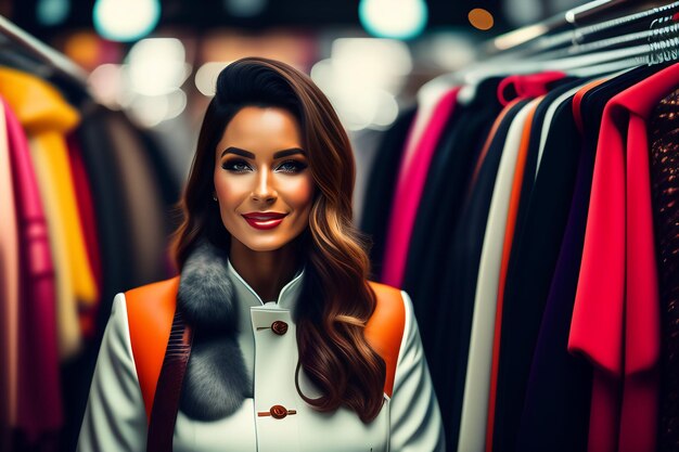 A woman stands in a store with a fur collar.