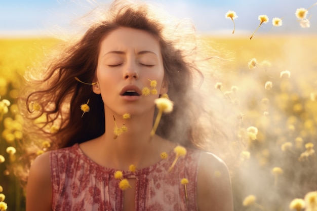 Женщина страдает от аллергии от воздействия цветочной пыльцы на улице