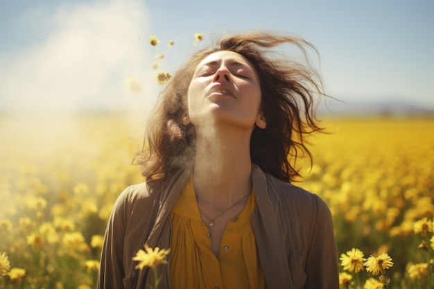 Free photo woman suffering from allergy by being exposed to flower pollen outside