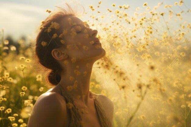 Woman suffering from allergy by being exposed to flower pollen outside