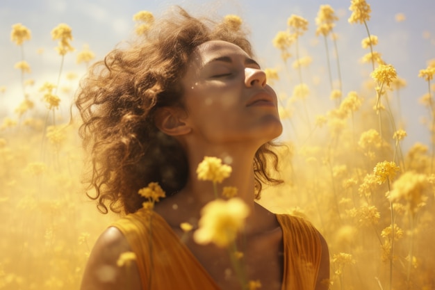 外で花の花粉に曝されることでアレルギーを患う女性