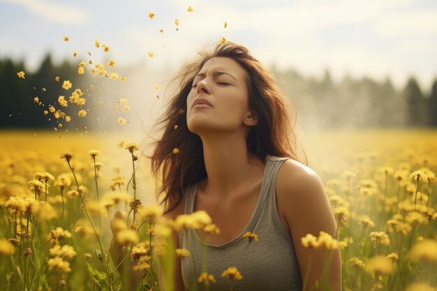 外で花の花粉に曝されることでアレルギーを患う女性