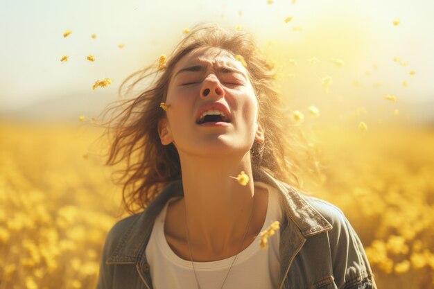 Woman suffering from allergy by being exposed to flower pollen outside