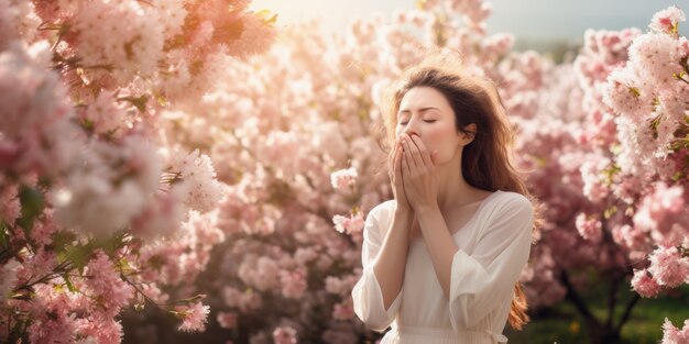 Woman suffering from allergy by being exposed to flower pollen outside