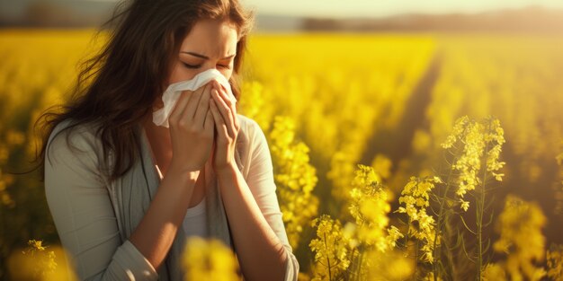 밖에서 꽃가루에 노출되어 알레르기를  ⁇ 고 있는 여성