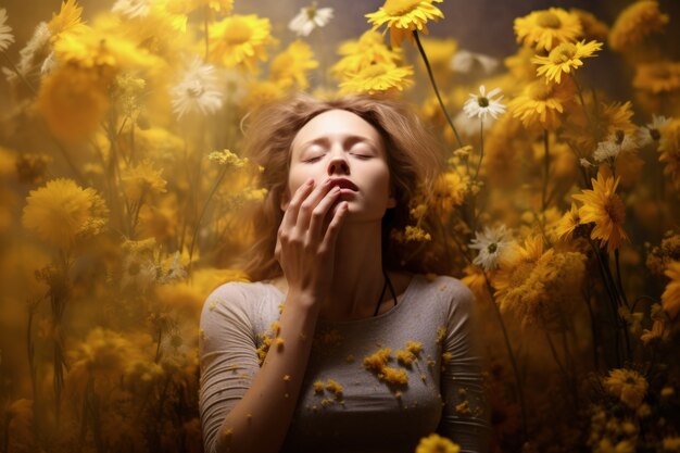 woman suffering from allergy by being exposed to flower pollen outside