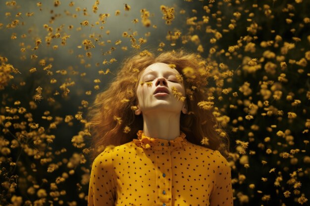 woman suffering from allergy by being exposed to flower pollen outside