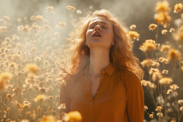 Free photo woman suffering from allergy by being exposed to flower pollen outside