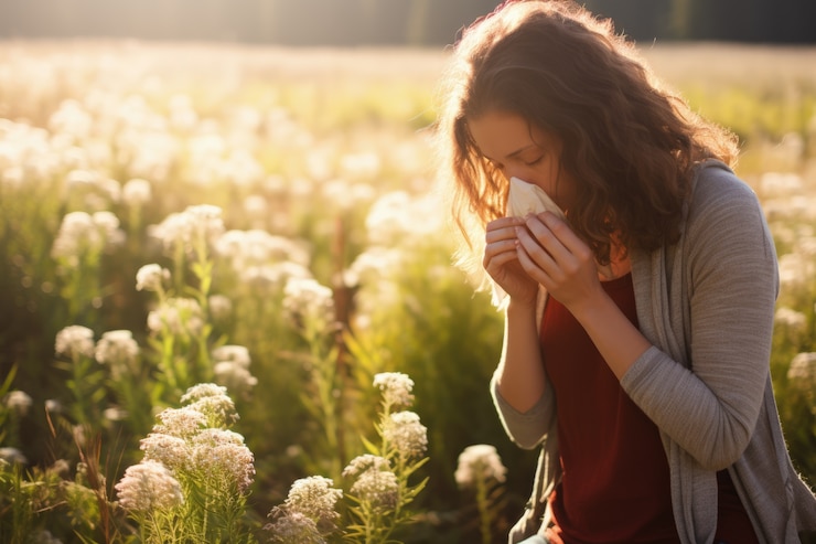 Free Photo woman suffering from allergy by being exposed to flower pollen outside