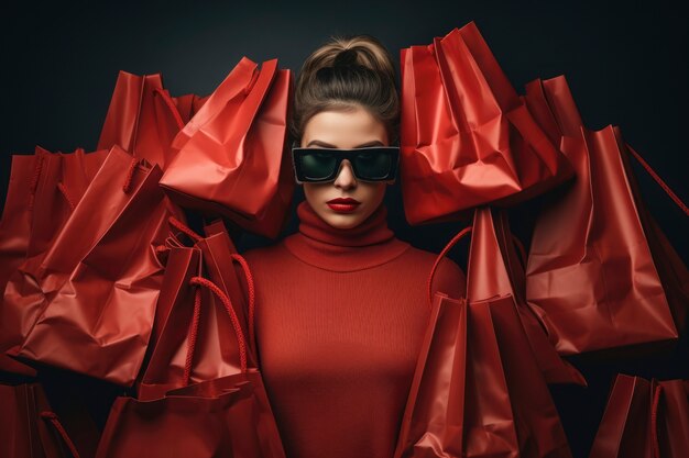 Woman surrounded by bags pile