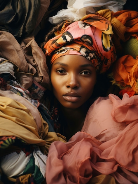 Woman surrounded by clothing pile