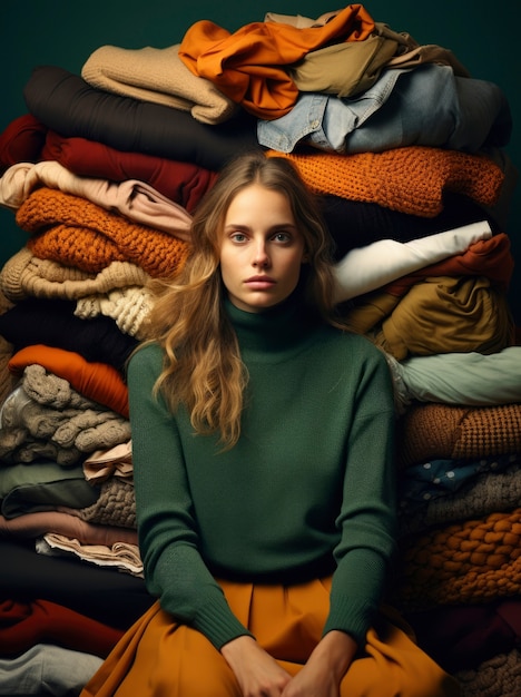 Free photo woman surrounded by clothing pile