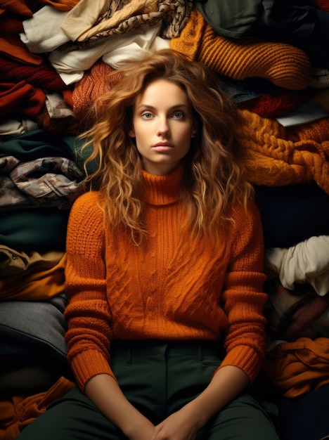 Free photo woman surrounded by clothing pile
