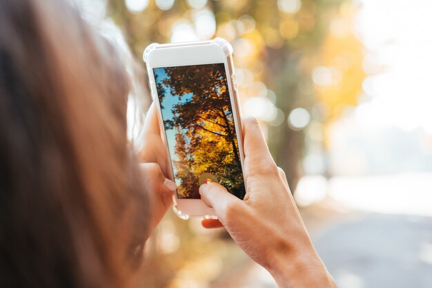 Woman takes a photo of an autumn tree on a street