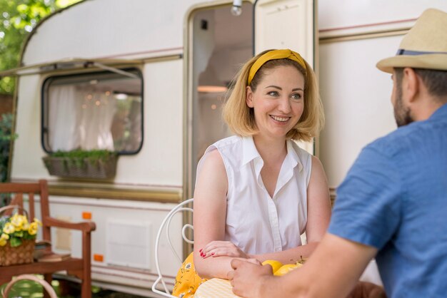 Woman taking lunch with her husband