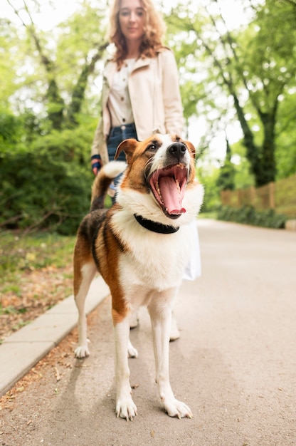 Foto gratuita donna che parla con il suo cane per una passeggiata nel parco