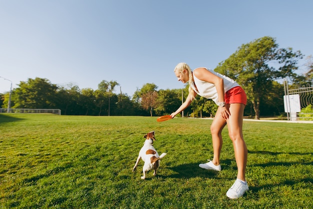 Woman throwing orange flying disk to small funny dog, which catching it on green grass. little jack russel terrier pet playing outdoors in park. dog and owner on open air. Free Photo