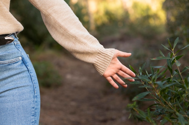 屋外の植物に触れる女性