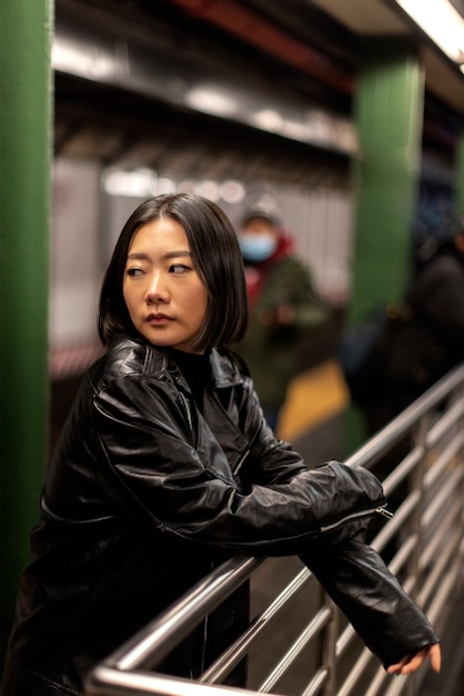 Woman traveling on the city subway