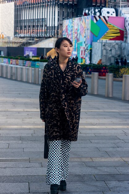 Woman traveling through city