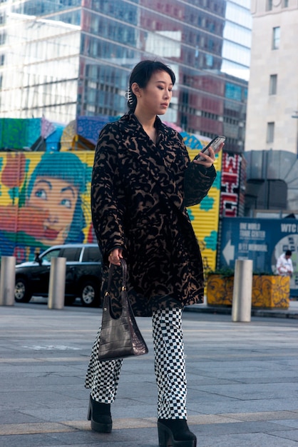 Woman traveling through city