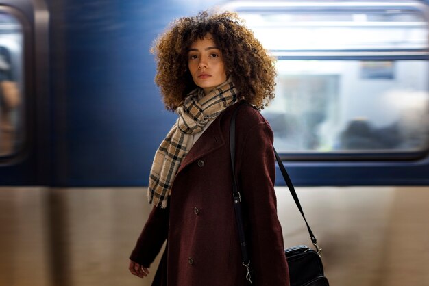 Woman traveling with the subway in the city