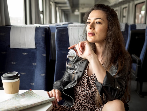 Woman traveling with train