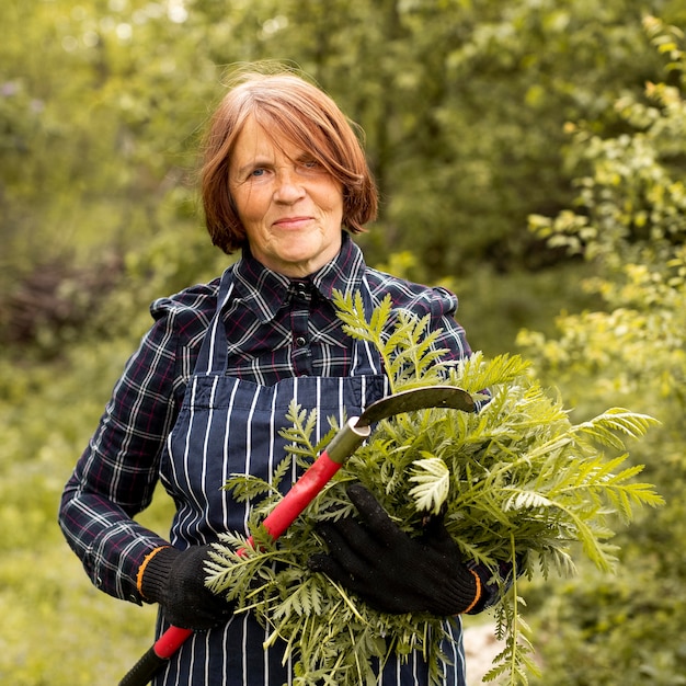 Free photo woman trimming a bush