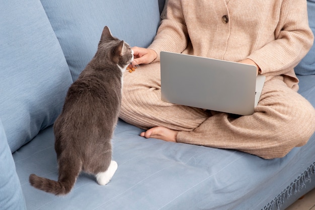 Woman trying to work at home with her kitty