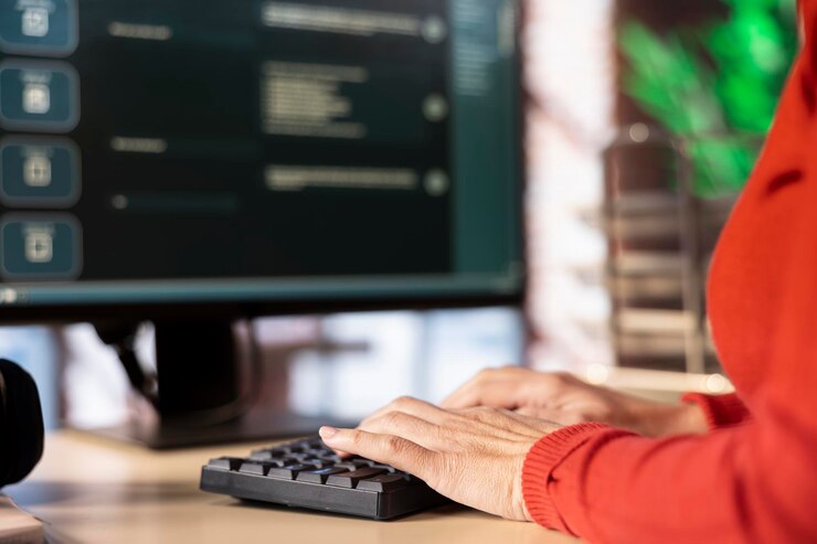 Free Photo woman typing on a computer chatting with an ai assistant