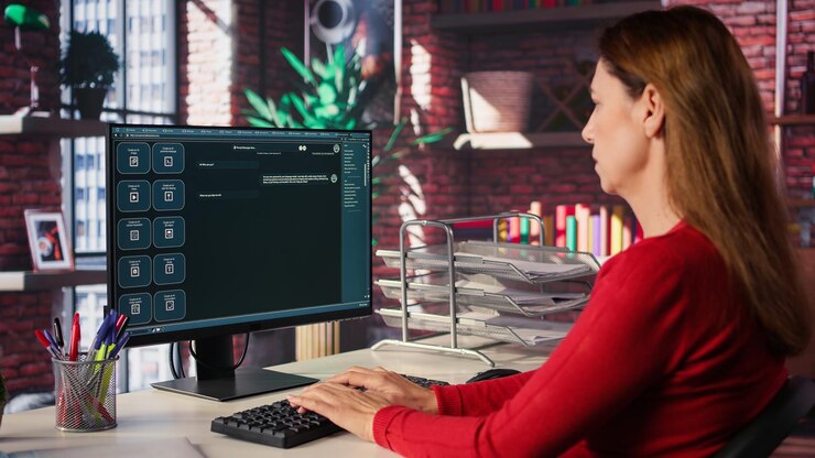 Free Photo woman typing prompts into an ai powered chat system on her computer