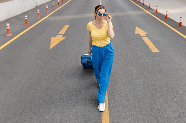 woman in Ukrainian flag colours on the road with suitcase