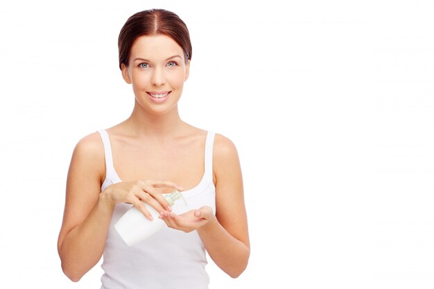 Woman using liquid soap