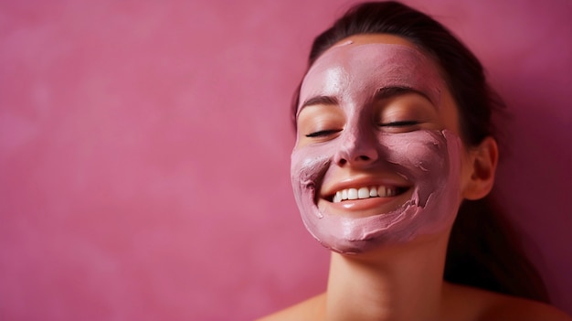 Женщина использует розовый косметический продукт на лице