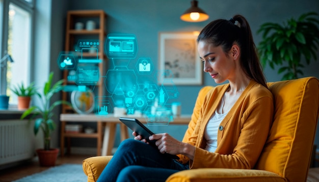 woman using a tablet at home